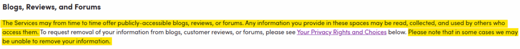 Wayfair "Blogs, Reviews, and Forums" section in its privacy policy