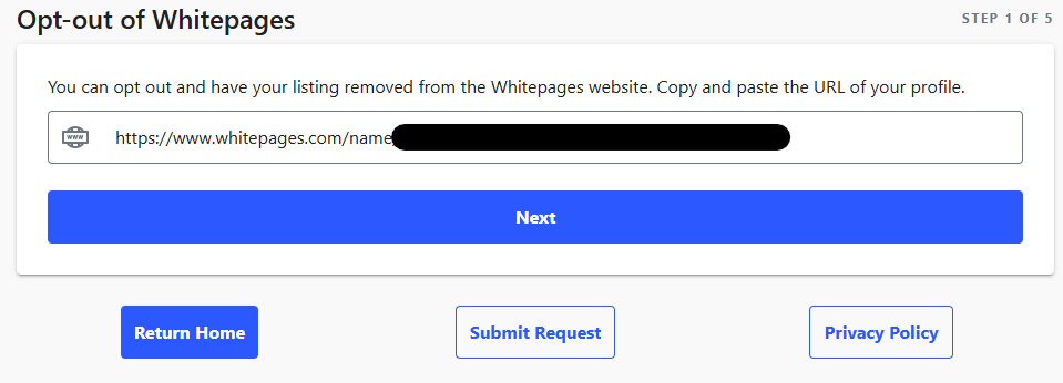 Whitepages opt out page - Entering Whitepages profile URL