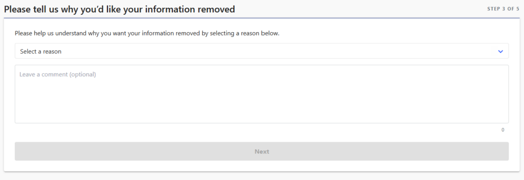 Screen asking for information on why you want to opt out of Whitepages