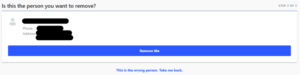 Verify this is your Whitepages profile and "Remove Me" button