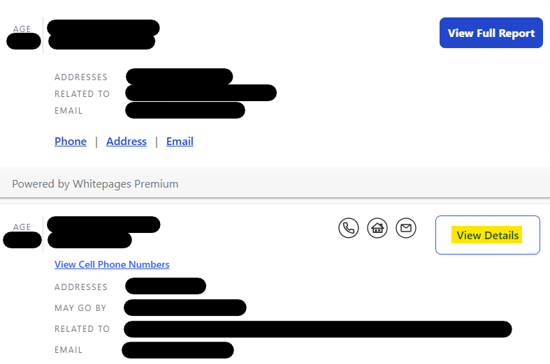 Whitepages results with "View Details" button