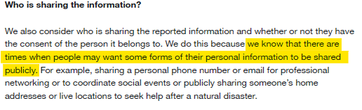 Factors Twitter takes into account when reviewing doxxing reports - who is sharing the information 
