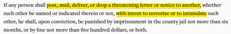 Mississippi threats and intimidation by letter or notice