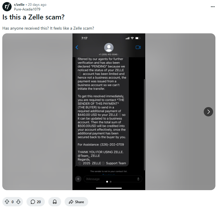 Zelle scam example on Reddit