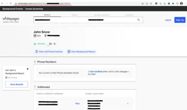 Whitepages listing and profile URL