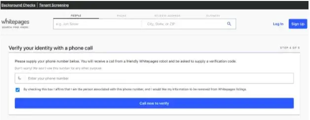 Typing in phone number into Whitepages opt out form to confirm identity